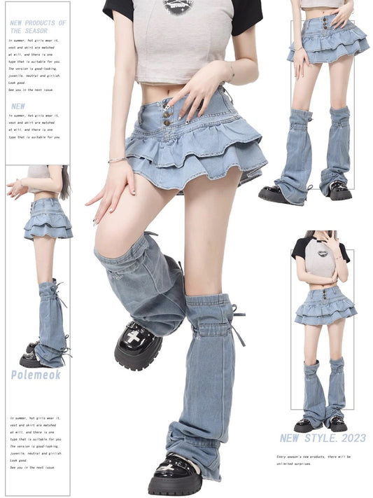 [Ant Studio] sexy hot girl denim leg cover short skirt ruffled a-line skirt 2024 style trending