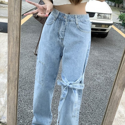 Bow straight-leg jeans for women spring thin American niche design wide-leg pants high street fashion