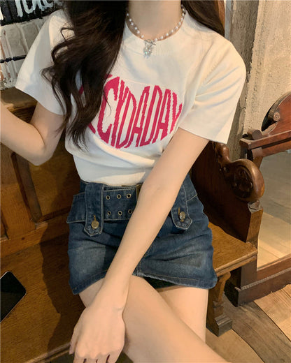 Hot girl love printed letters short-sleeved knitted T-shirt black bottoming shirt summer short style