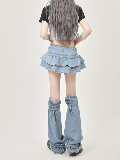 [Ant Studio] sexy hot girl denim leg cover short skirt ruffled a-line skirt 2024 style trending