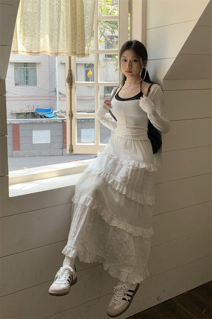 White skirt for women, winter high-waisted A-line skirt, cake skirt, gentle style long skirt, small design, popular crochet skirt