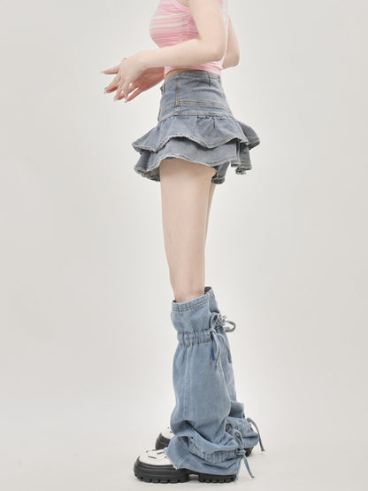 [Ant Studio] Jean leg warmer cover with denim skirt for women 2024 new pleated skirt two-piece set