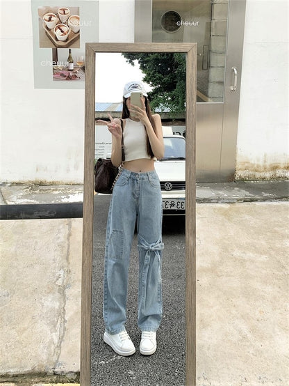 Bow straight-leg jeans for women spring thin American niche design wide-leg pants high street fashion