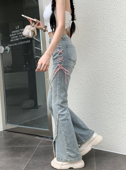 2024 Heart Design strappy jeans for women in autumn, hot girls, high waist, raw edge, flared pants