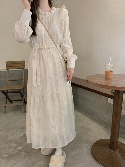 Style lace dress women's spring and autumn 2024 new style fairy plus velvet thick warm base