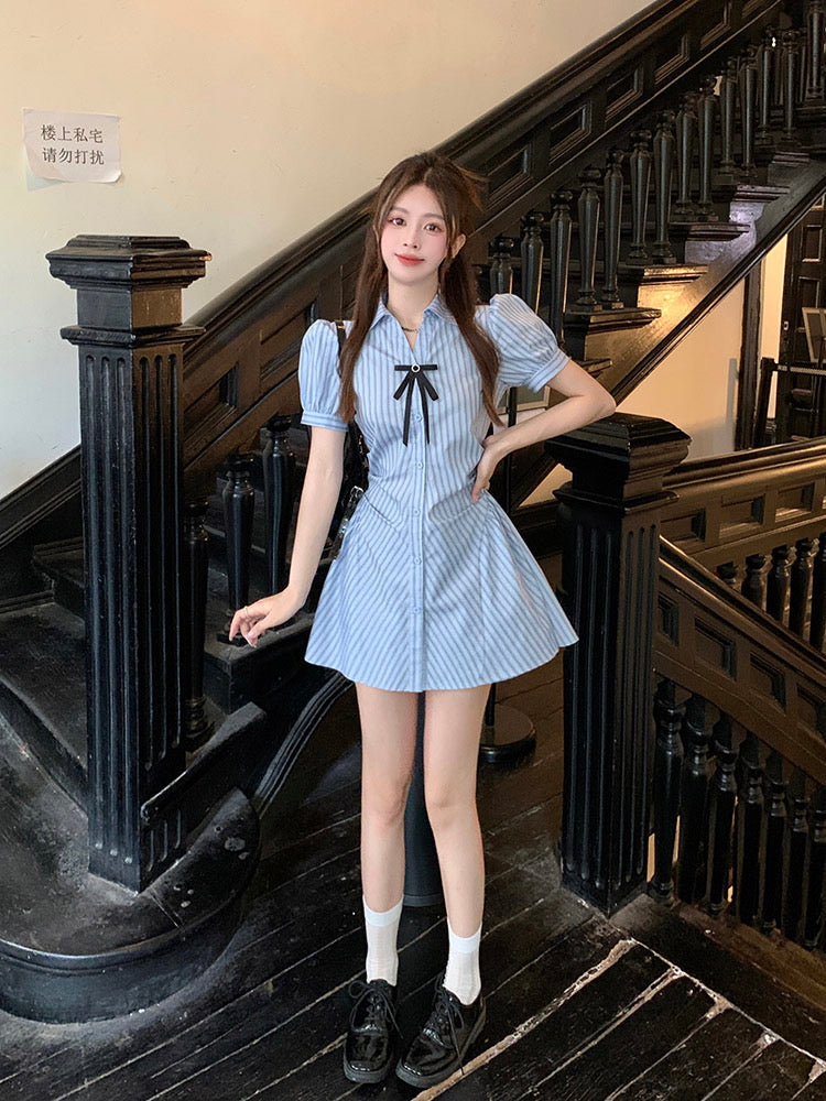 College style suit for, waist slimming skirt, striped shirt dress, women's summer shorts two-piece set