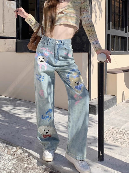 Retro high-waisted cartoon print jeans for women new style loose slimming pants trendy