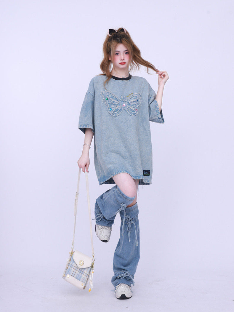 [Ant Studio] Hong Kong style retro chic embroidered butterfly oversize denim short sleeve T-shirt