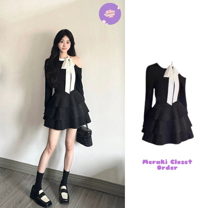 Early autumn French style pure desire sweet bow long-sleeved skirt women's high-end 2 pieces set