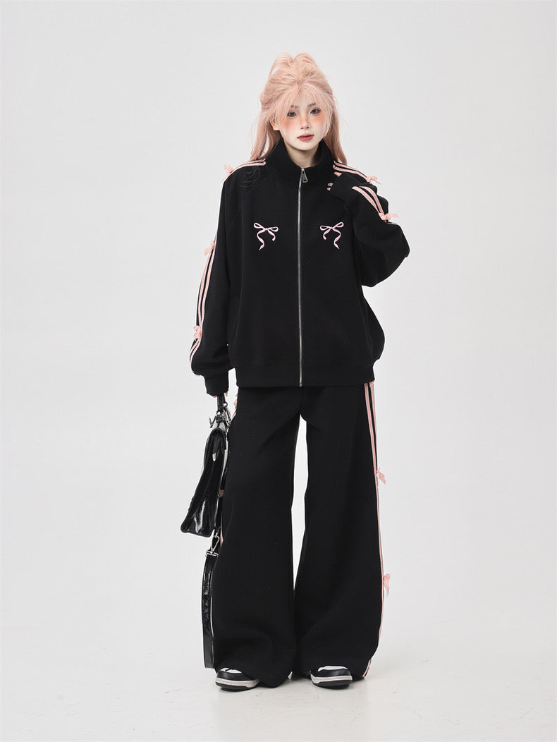 [Ant Studio] new products 2024 Korean sweet girl college bow style ribbon jacket sports set