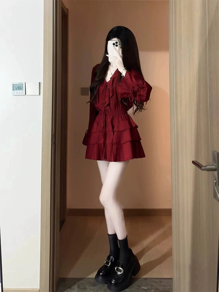 High-end early autumn fashion suit, unique and stunning ruffled V-neck tie, two-piece top and skirt set