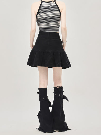 [Ant Studio] Black leg warmer cover with denim skirt for women 2024 new pleated skirt two-piece set