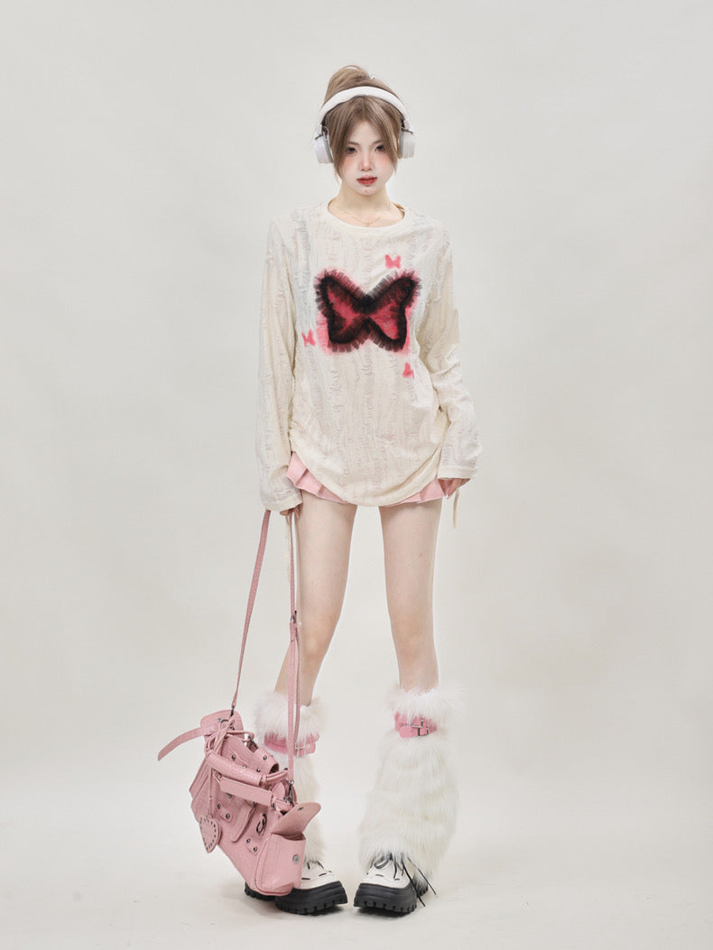 [Ant Studio] 2024 style butterfly white long-sleeved top knitted sweatshirt trendy cute