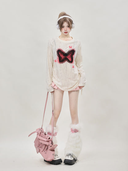 [Ant Studio] 2024 style butterfly white long-sleeved top knitted sweatshirt trendy cute