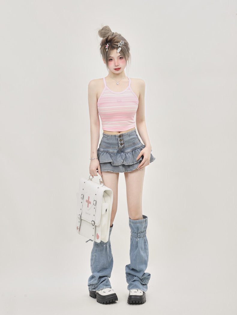 [Ant Studio] Jean leg warmer cover with denim skirt for women 2024 new pleated skirt two-piece set