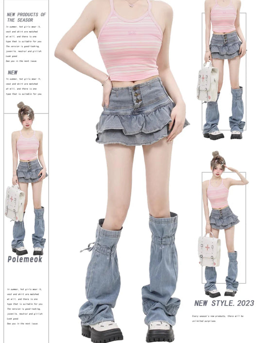 [Ant Studio] Jean leg warmer cover with denim skirt for women 2024 new pleated skirt two-piece set