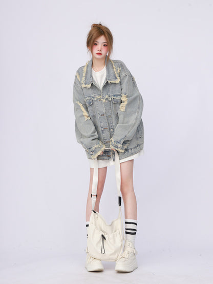 [Ant Studio] 2024 new oversize ripped denim jacket women's street style jacket