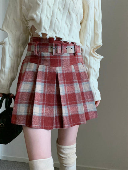 Retro Plaid Woolen Skirt Women's Spring Autumn College Style High Waist Slim Pleated Skirt Small Short A-Line Skirt