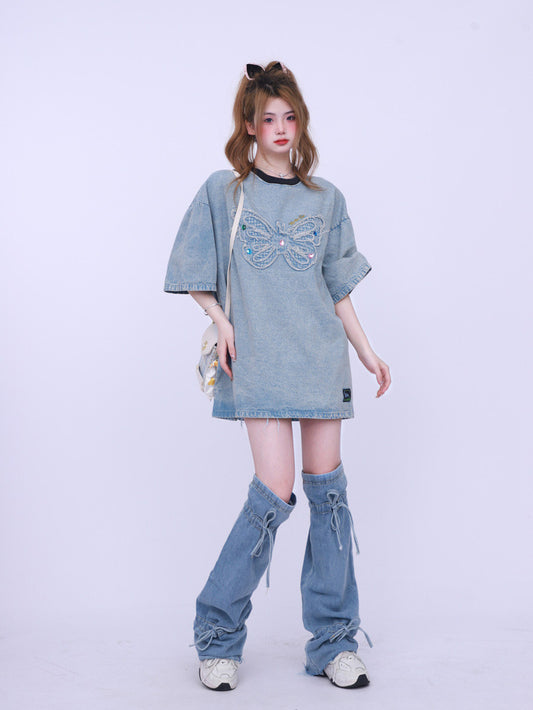 [Ant Studio] Hong Kong style retro chic embroidered butterfly oversize denim short sleeve T-shirt