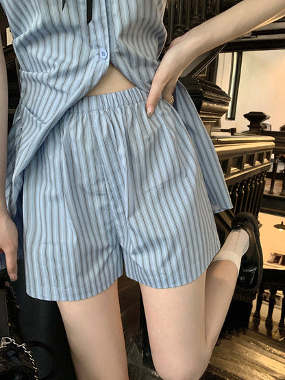 College style suit for, waist slimming skirt, striped shirt dress, women's summer shorts two-piece set