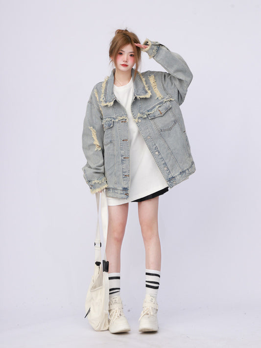 [Ant Studio] 2024 new oversize ripped denim jacket women's street style jacket