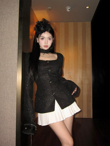 Plus size high-end black mid-length tweed jacket women's autumn elegant fashion slim suit skirt