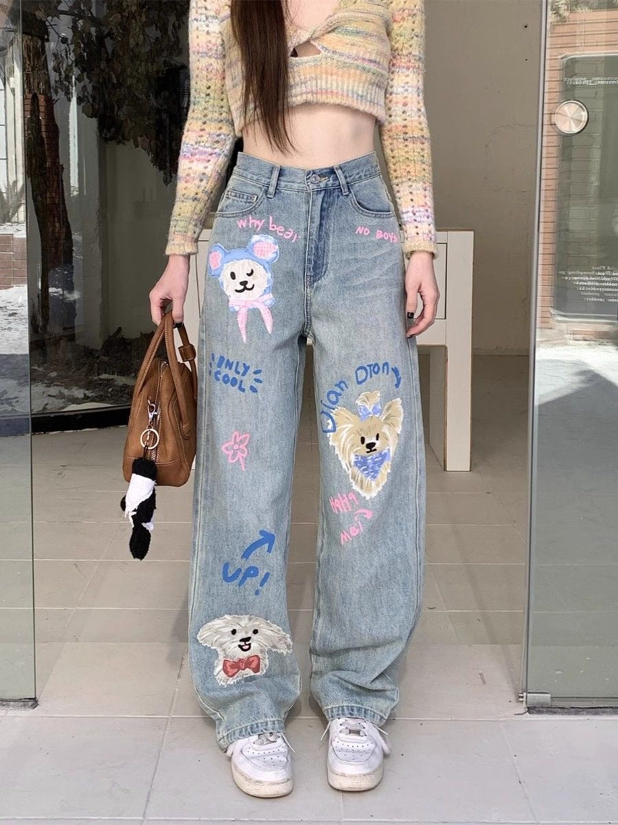 Retro high-waisted cartoon print jeans for women new style loose slimming pants trendy