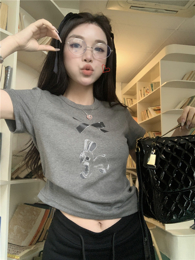 2024 Printed Bunny T-shirt for women summer retro gray short sleeve slim fit shirt trendy top