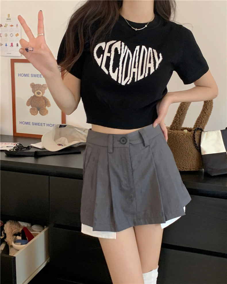 Hot girl love printed letters short-sleeved knitted T-shirt black bottoming shirt summer short style