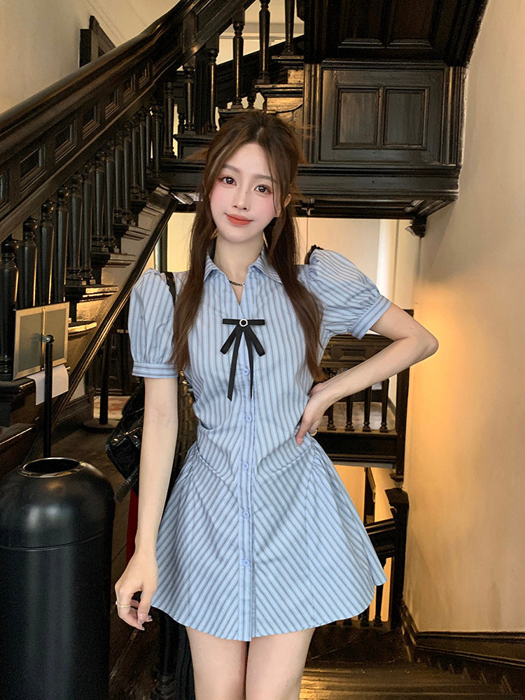 College style suit for, waist slimming skirt, striped shirt dress, women's summer shorts two-piece set