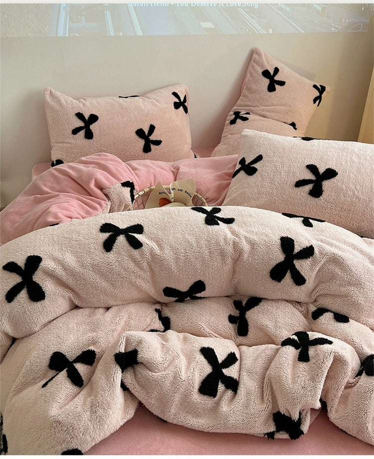 Ribbon Bow Style Cotton Velvet BedSheet Set Sweetheart Viral Trendy High Quality Warm Cozy