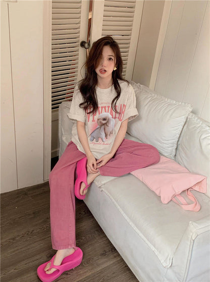 Cute and Sweet cartoon print casual short-sleeved women's summer loose and slim pink trend