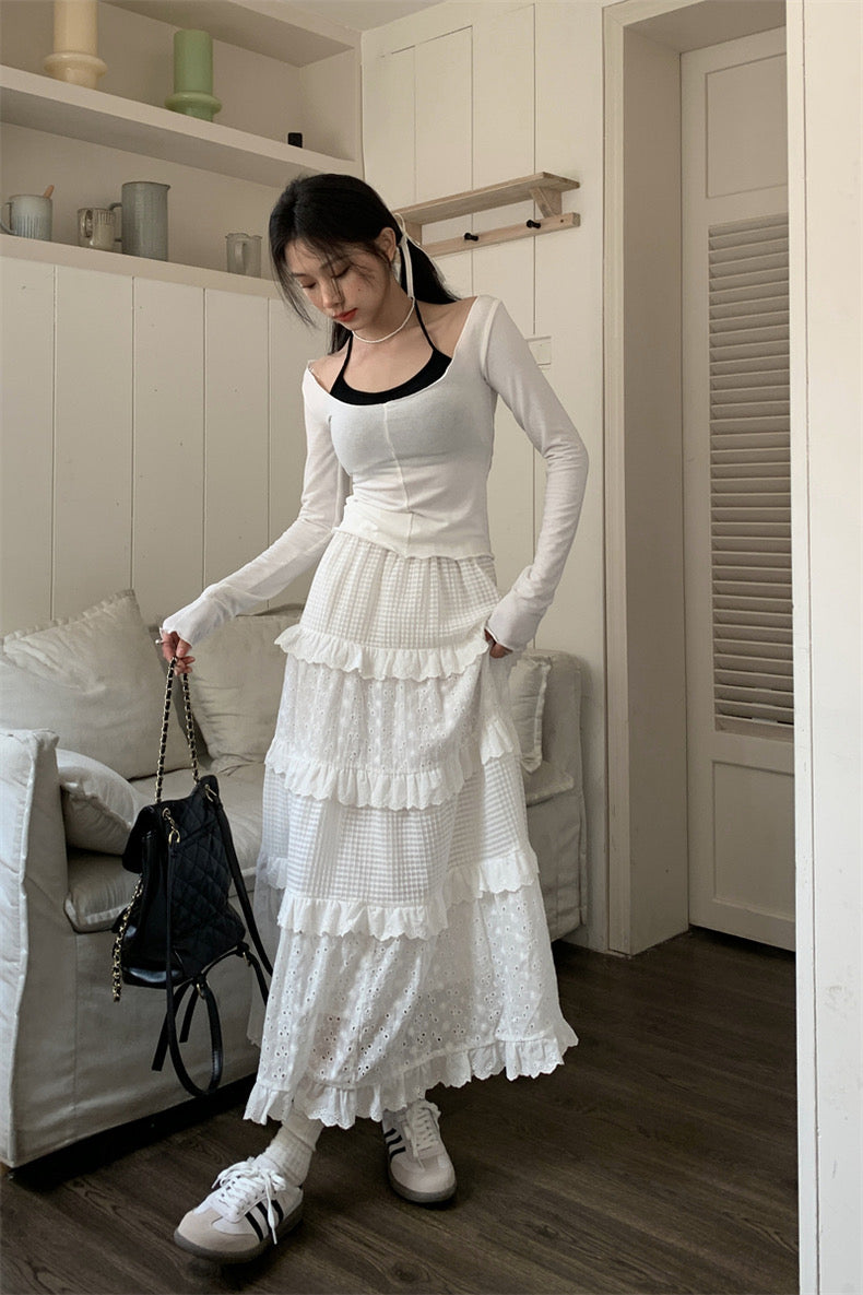 White skirt for women, winter high-waisted A-line skirt, cake skirt, gentle style long skirt, small design, popular crochet skirt