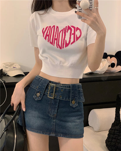 Hot girl love printed letters short-sleeved knitted T-shirt black bottoming shirt summer short style