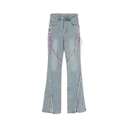 2024 Heart Design strappy jeans for women in autumn, hot girls, high waist, raw edge, flared pants