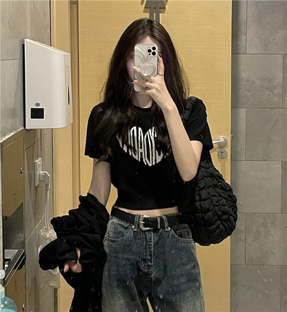 Hot girl love printed letters short-sleeved knitted T-shirt black bottoming shirt summer short style