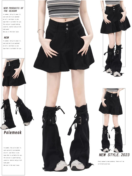 [Ant Studio] Black leg warmer cover with denim skirt for women 2024 new pleated skirt two-piece set