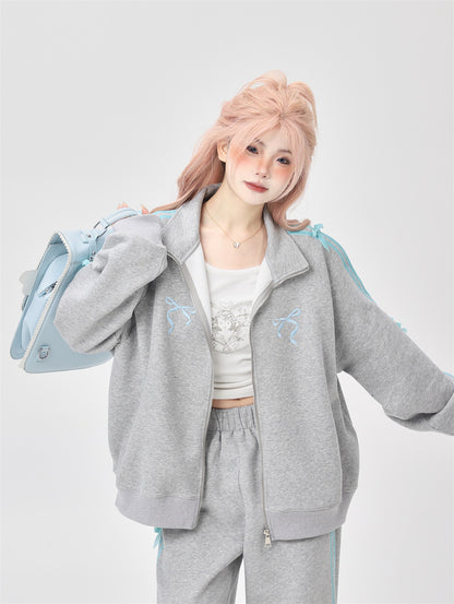 [Ant Studio] new products 2024 Korean sweet girl college bow style ribbon jacket sports set