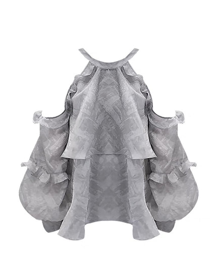 Fairy wood ear-cut off-shoulder gray shirt new niche design for autumn French tea style