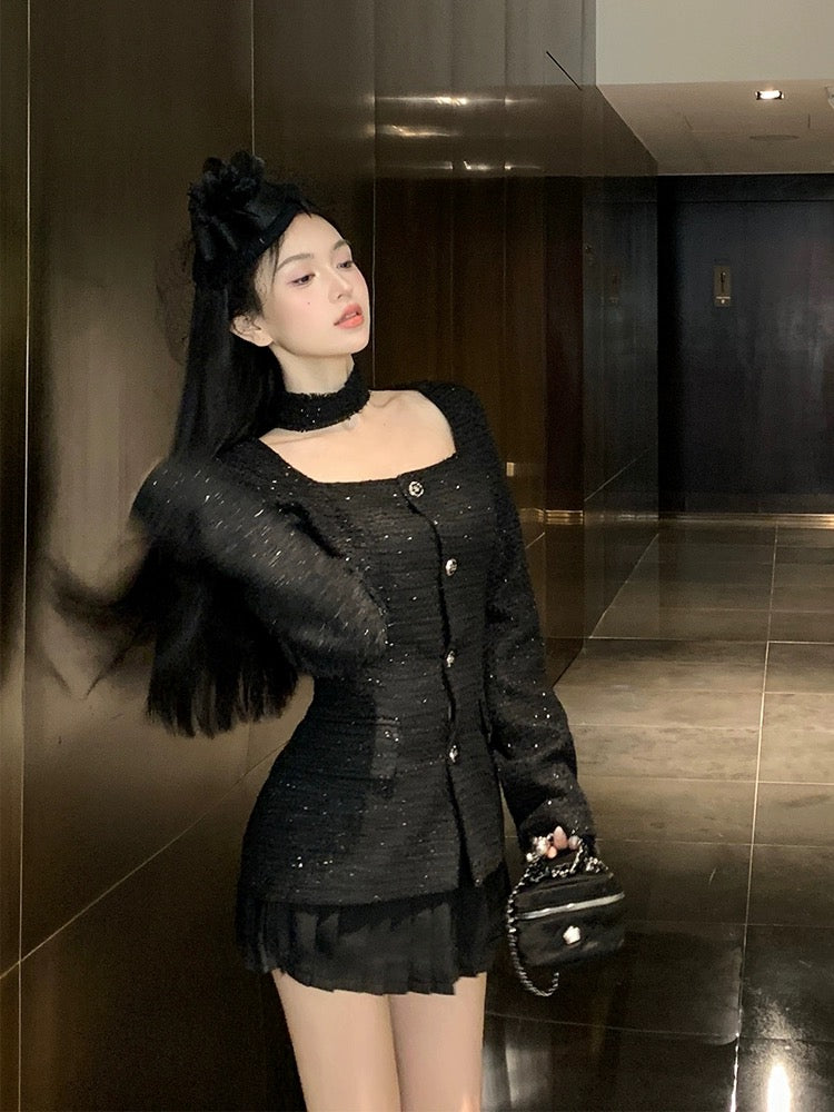 Plus size high-end black mid-length tweed jacket women's autumn elegant fashion slim suit skirt