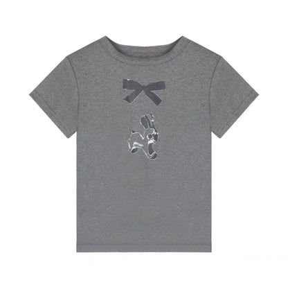 2024 Printed Bunny T-shirt for women summer retro gray short sleeve slim fit shirt trendy top