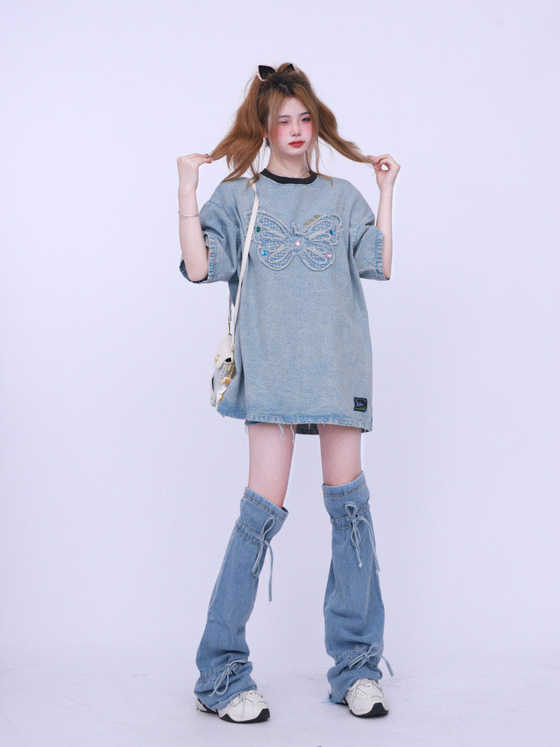 [Ant Studio] Hong Kong style retro chic embroidered butterfly oversize denim short sleeve T-shirt