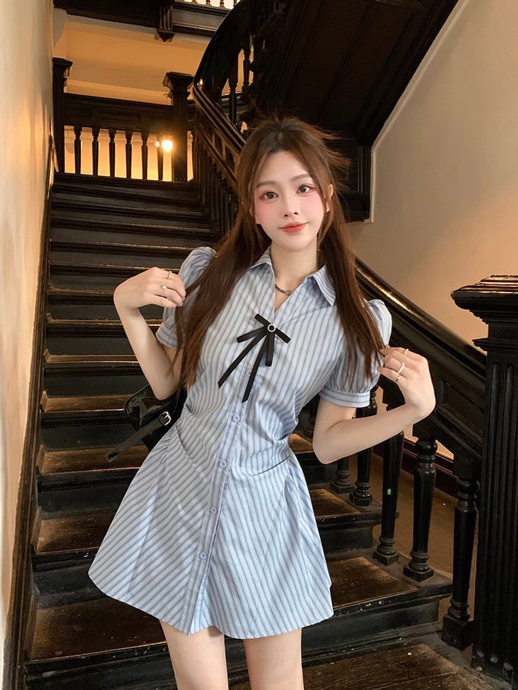 College style suit for, waist slimming skirt, striped shirt dress, women's summer shorts two-piece set