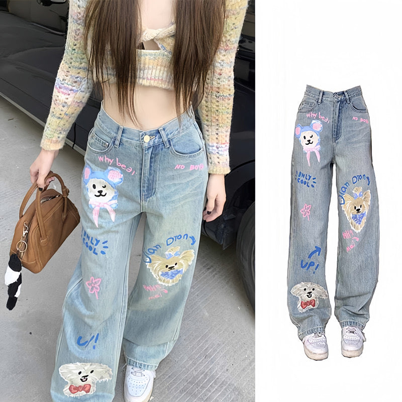 Retro high-waisted cartoon print jeans for women new style loose slimming pants trendy