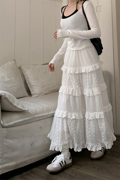 White skirt for women, winter high-waisted A-line skirt, cake skirt, gentle style long skirt, small design, popular crochet skirt