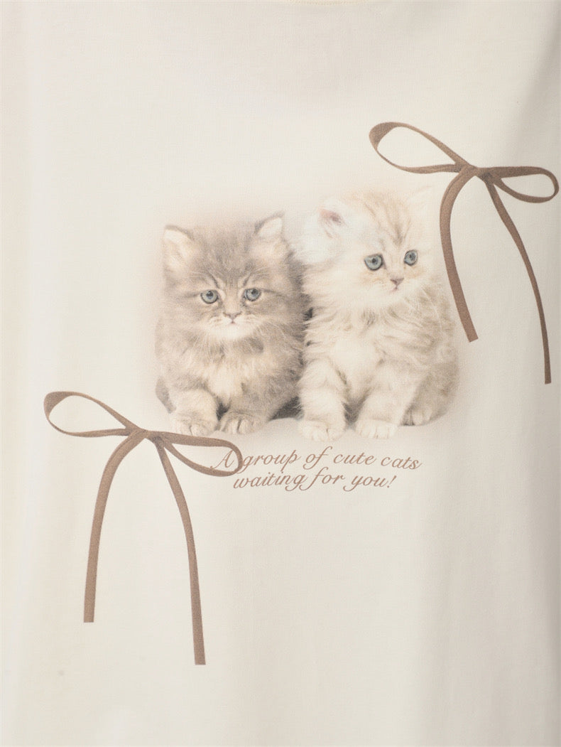 [Ant Studio] new product 2024 design kitten print round neck cute short- sleeved T-shirt for women