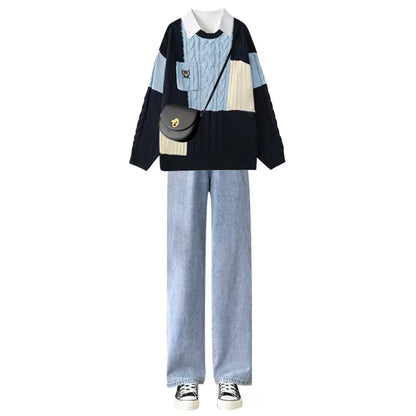 winter clothes with a complete set of Japanese retro lazy style sweater suit women's 2023 fashion jeans three-piece set