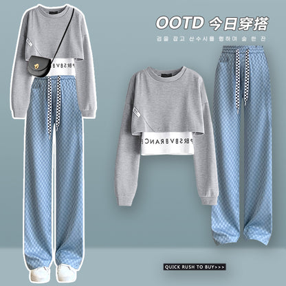 Thin fake two-piece sweater sports age-reducing foreign style fashion suit female 2023 autumn and winter blue wide-leg pants