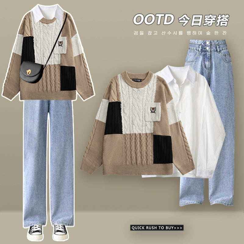 winter clothes with a complete set of Japanese retro lazy style sweater suit women's 2023 fashion jeans three-piece set