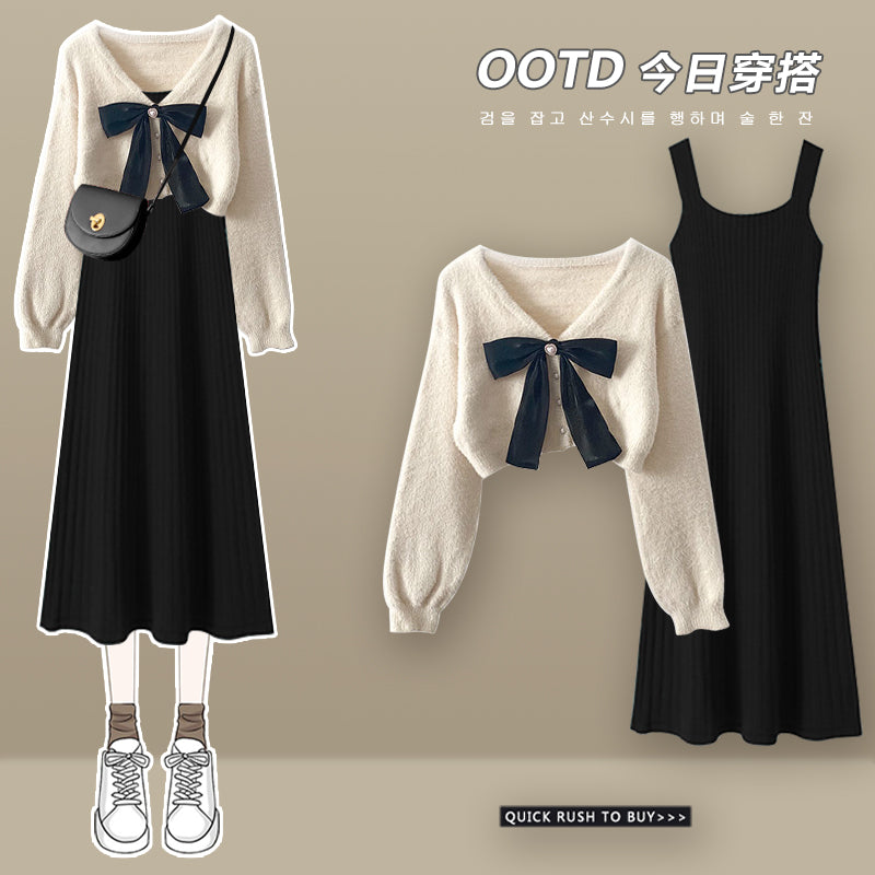 Black Slim Suspender Dress 2023 New Temperament Ladies Little Fragrance Knitted Cardigan Autumn and Winter Women's Suit